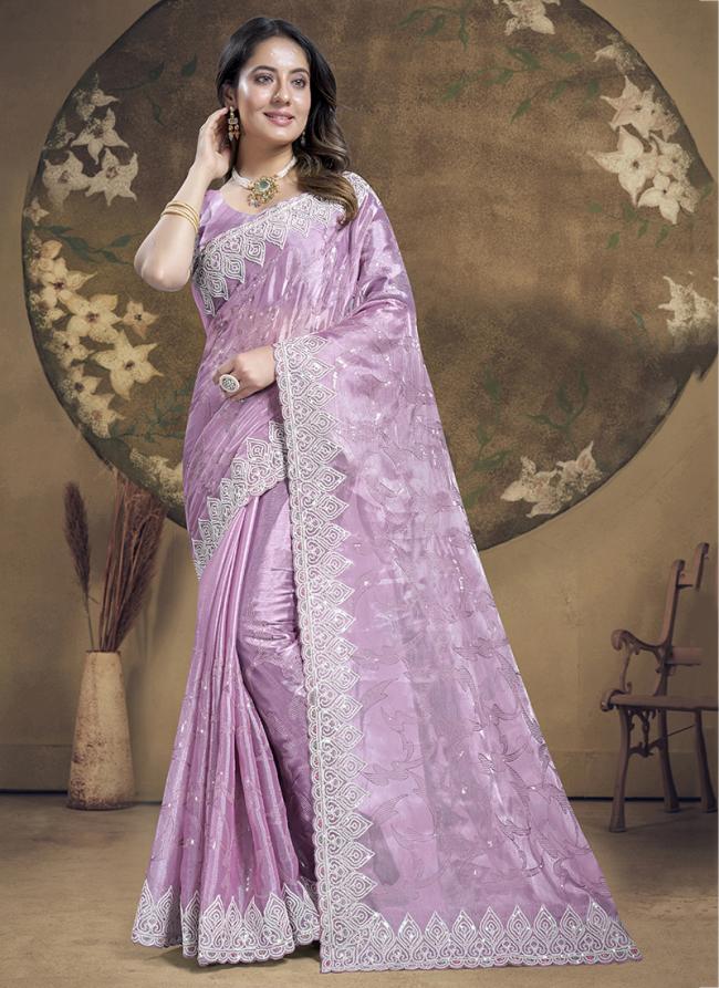 Jimmy Choo Silk Dusty Lavender Party Wear Embroidery Work Saree